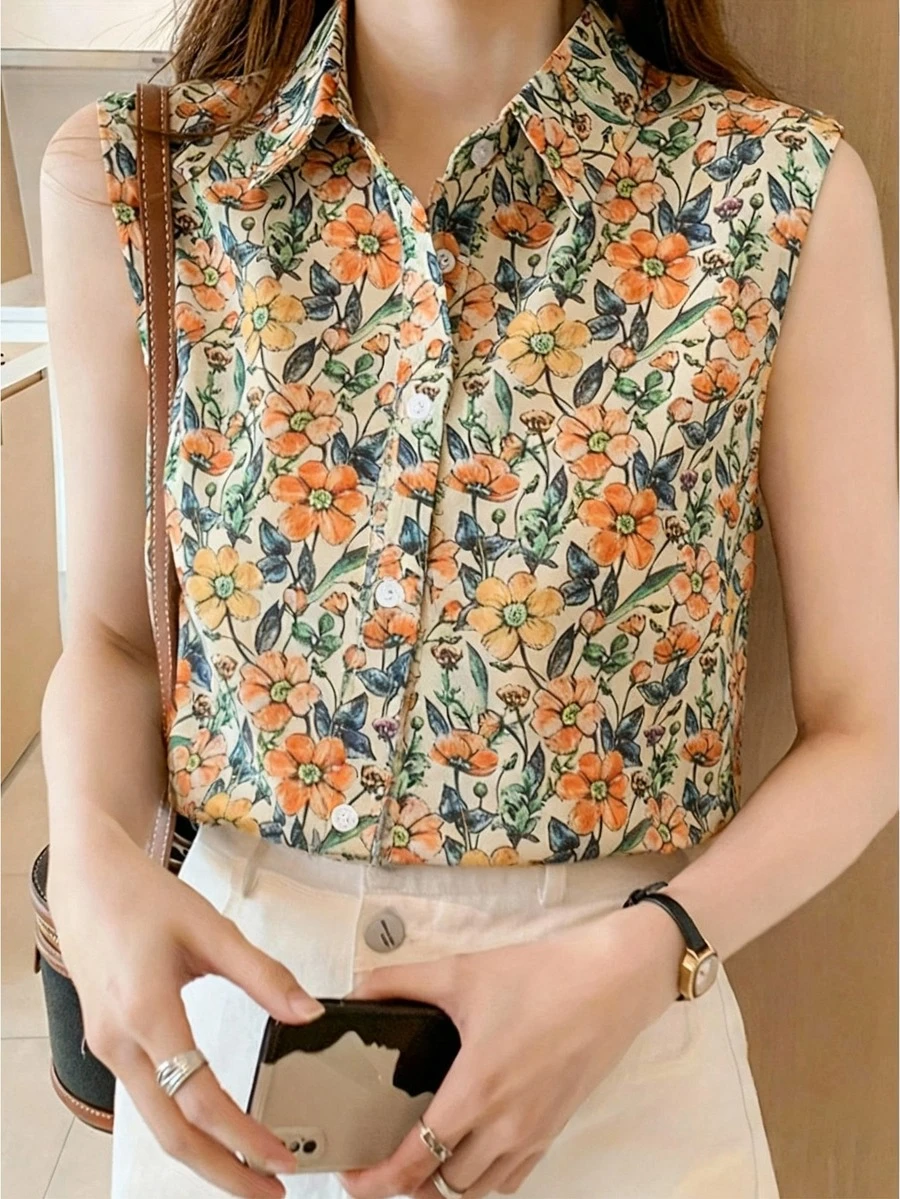 Women's Floral Print Sleeveless Collared Shirt | Elegant Polyester Blouse | Vibrant Orange & Green | Machine Washable | Spring/Summer Collection | Fashionable Button Design, Women's Shirt - Mixed Colors - View 1