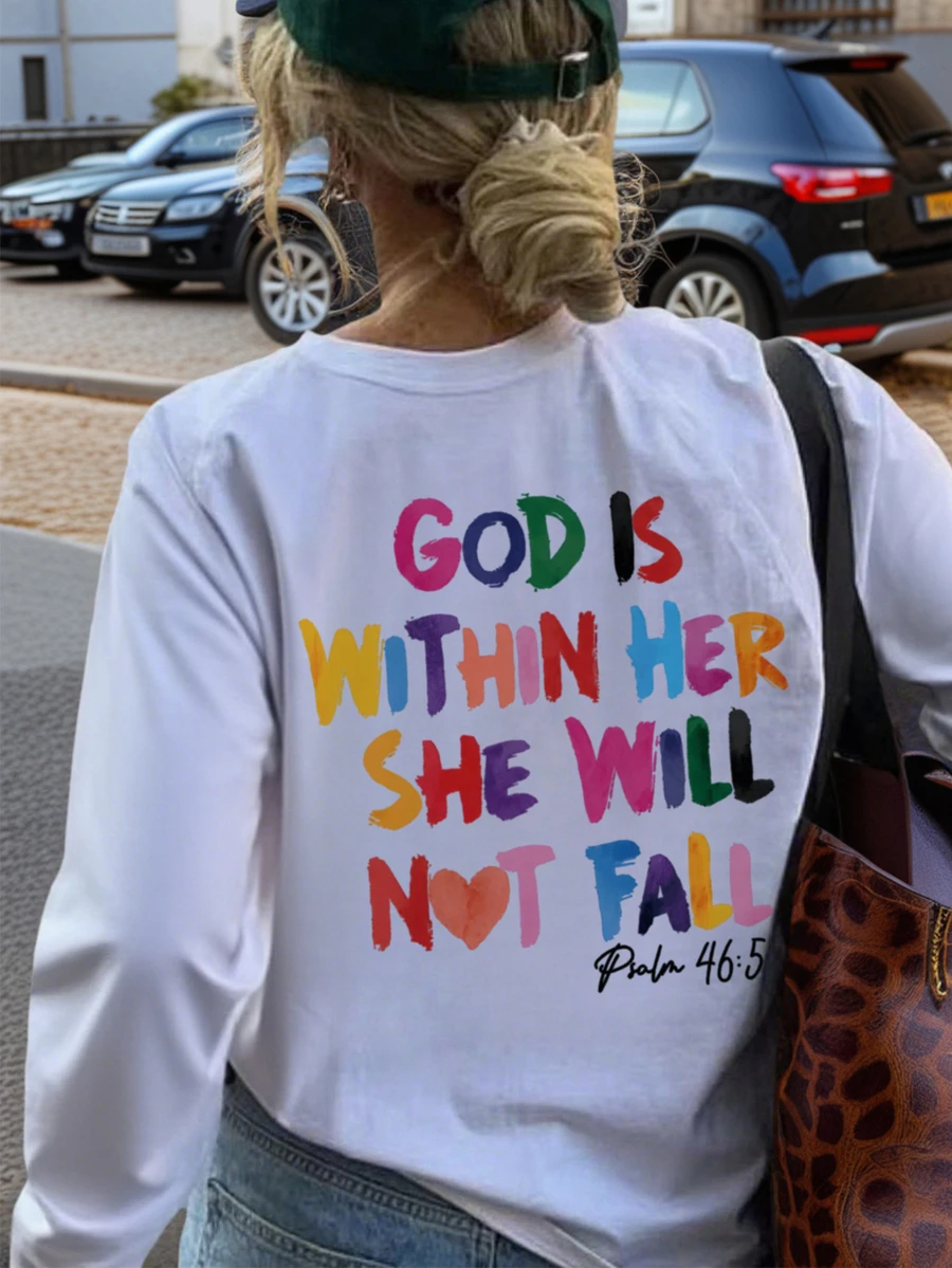 1 chiếc áo thun dài tay cổ tròn in hình đồ họa nhiều màu sắc dành cho bé gái, trang phục mùa thu dành cho học sinh - Chiếc áo thun in hình sống động chắc chắn sẽ làm các bé mỉm cười. "Chúa ở trong nàng, nàng sẽ không gục ngã" - Trang phục ngày Valentine - trắng - Xem 1