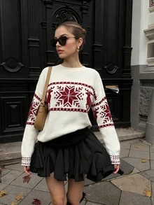 Women's Fashion Christmas Fair Isle Sweater, Reindeer & Snowflake Print Long Sleeve Ribbed Knit Pullover, Holiday & Everyday Wear For Ladies In Winter