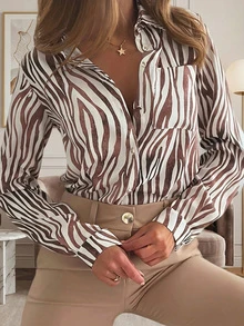 Áo sơ mi nữ họa tiết ngựa vằn Paisley, túi cài nút phía trước bằng polyester, thường ngày xuân thu - Nhiều màu - Xem 1