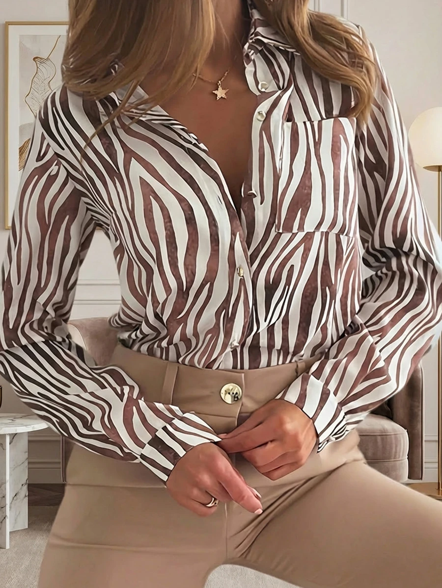 Áo sơ mi nữ họa tiết ngựa vằn Paisley, túi cài nút phía trước bằng polyester, thường ngày xuân thu - Nhiều màu - Xem 1