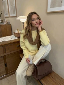 新款纯色针织套头衫，百搭针织衫，适合日常穿着，秋冬季节及新年穿着。 - 黃色 - 查看 1