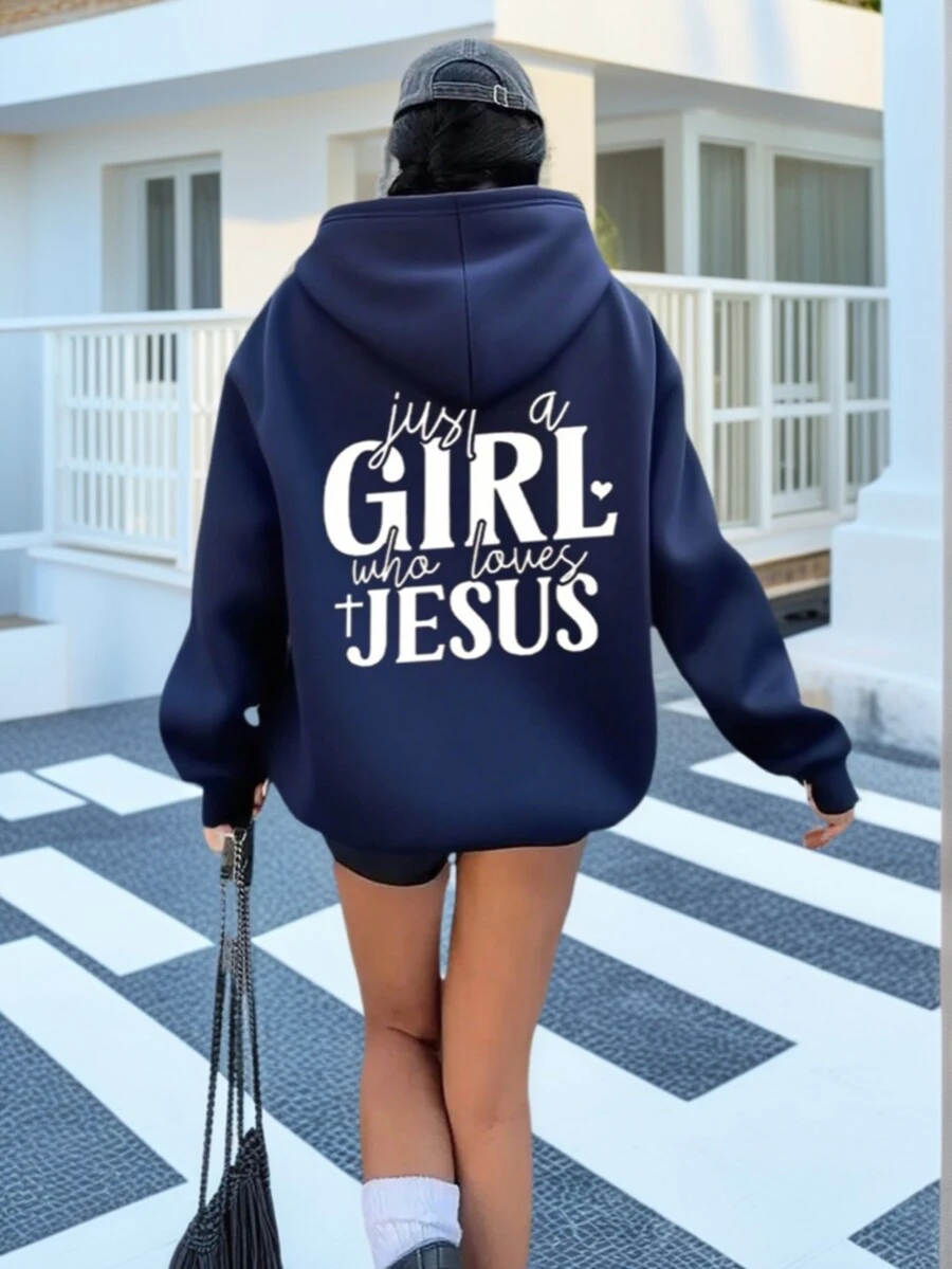 女士时尚秋冬连帽套头衫，柔软舒适保暖内衬上衣 - 藏蓝色 - 查看 1