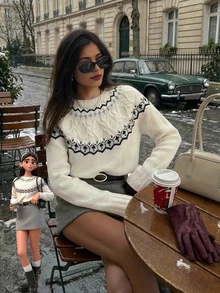 Women's Winter Fair Isle Sweater, Fashion Patterned Knit Fabric Ribbed Pullover, Suitable For Vacation, Holiday, And Everyday Wear, White - Beige - View 4