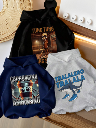 3件套男童套头连帽衫，保暖内衬卫衣，印有有趣的《山海经》人物图案，色彩鲜艳，充满想象力，适合年轻学生，秋冬季穿着。