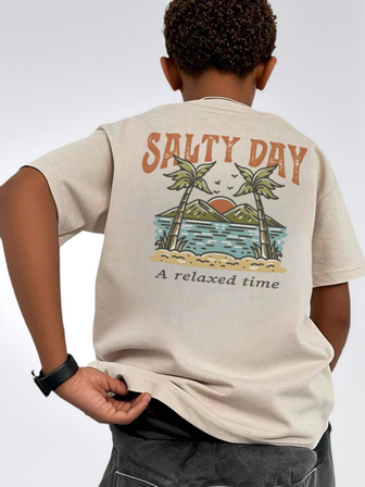 夏季休闲印花圆领套头短袖T恤，适合男孩和青少年学生 - 日出椰子树艺术风格T恤，为每个孩子带来欢乐和幸福！儿童服装男童图案T恤