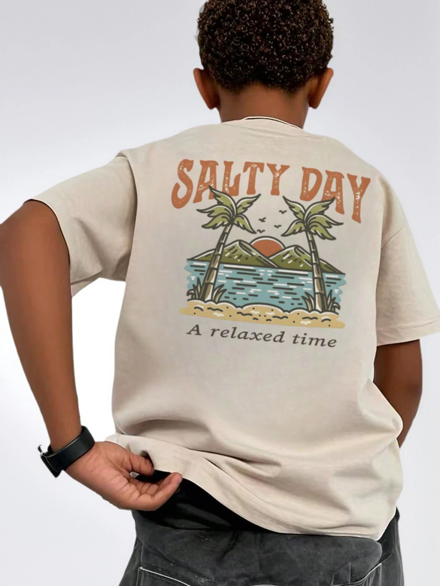 This Casual Print Round Neck Pullover Short Sleeve T-Shirt Is Suitable For Boys And Young Students To Wear In Summer - T-Shirt With Sunrise And Palm Tree Artistic Style, Bringing Joy And Happiness To Every Child! Boys Graphic Tee - Apricot - View 1