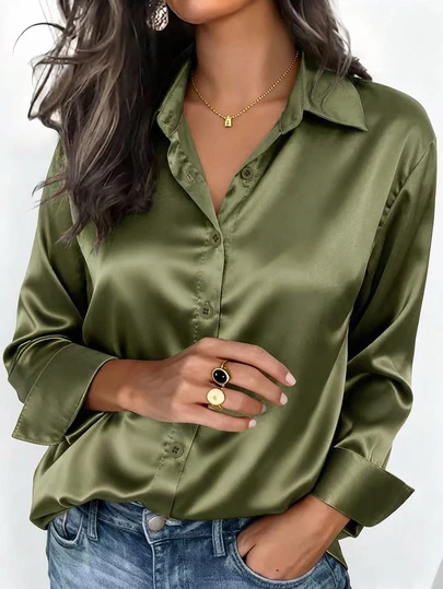 Women's Satin Blouse, Business Casual Button-Up Shirt With Collar Design, Elegant For Office And Casual Wear, Suitable For Autumn, Winter, Spring And Summer