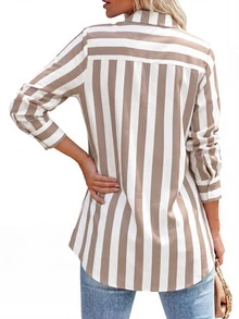 女式条纹纽扣衬衫休闲长款圆领卷袖节日春夏秋季女士秋季服装 - 咖色 - 查看 8