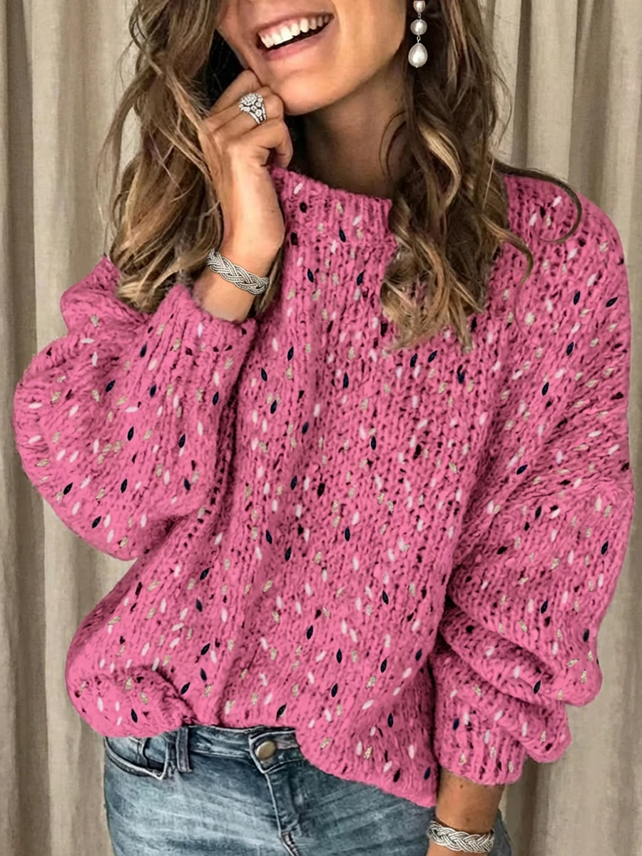 Áo len nữ dáng suông cổ tròn tay dài phối màu, thích hợp mặc mùa thu/đông.