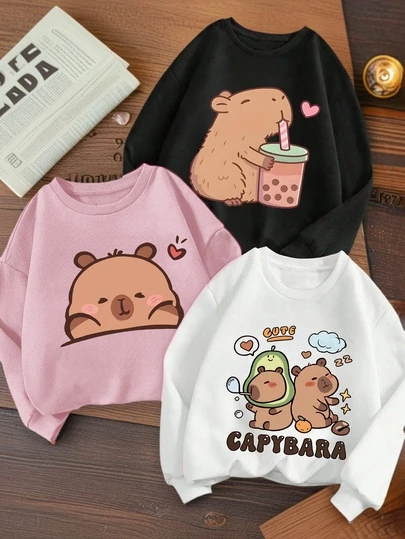 3件套女童精灵图案印花休闲套头圆领卫衣，适合年轻时尚达人，秋冬季穿着