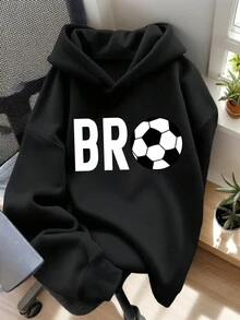 Tween Boy Thermal Lined Warm BRO Football Sweatshirt, Suitable For Kids Autumn/Winter Long Sleeve Top, Young Student Streetwear/Casual/Stylish/Daily/Sports/Fashion/College - Black - View 3