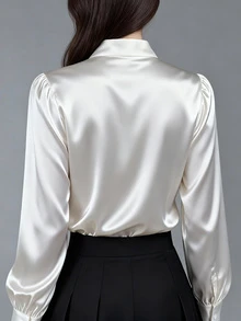 Women's Elegant Satin White Long Sleeve Casual Shirt, Versatile Commuter Blouse With Bow Collar Detail - Solid Color Suitable For All Seasons, Machine Washable Non-Sheer, Soft & Breathable Fabric, Refined Satin Texture, Solid Color Tie For Office & Daily Wear - White - View 2