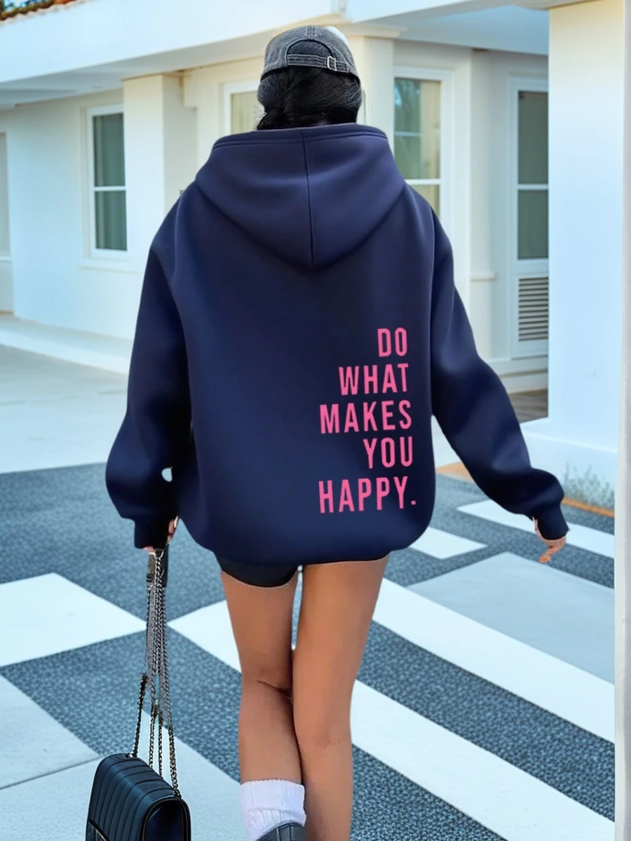 Women's Fashionable Autumn/Winter Hooded Pullover Sweatshirt, Soft & Comfortable Thermal Lining Top - Navy Blue - View 1