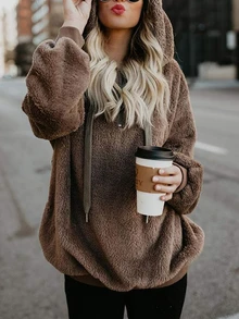 Ladies' Hooded Sweatshirt, Sporty Fluffy Pullover Hooded Sweatshirt With Pockets, Lightweight Zipped Fleece Hooded Sweatshirt