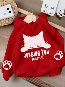 1 szt. Dziewczęca bluza z kapturem i uroczym nadrukiem kota, luźny krój, podszewka termiczna, odzież młodzieżowa na jesień/zimę