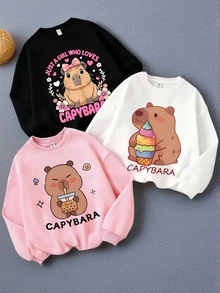 3件套女童休闲印花圆领卫衣，秋冬学生少女装长袖上衣 - 水豚冰淇淋可爱动物情人节 - 粉色 - 查看 1