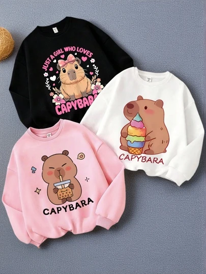 3 st/set flickor casual grafiskt tryck rund hals tröjor, höst/vinter student unga kläder långärmade toppar - CAPYBARA glass söta djur alla hjärtans dag