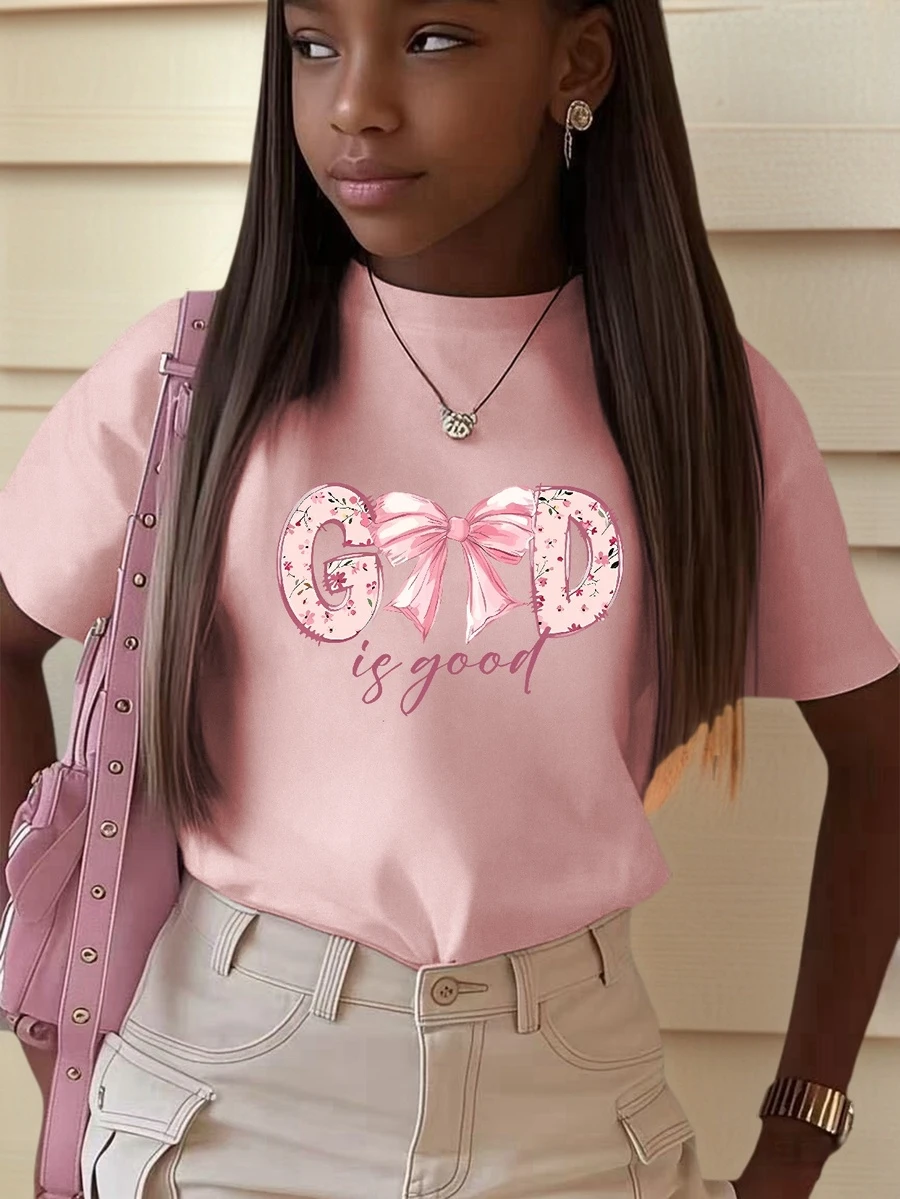 1pc Tween Girl Casual Printed Crew Neck Short Sleeve T-Shirt For Students, Summer - Pink Bow Artistic Style Inspiring Creativity And Self-Expression - Pink - View 1
