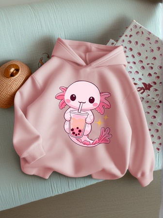 1 pieza Sudadera con capucha casual y linda con estampado gráfico para niñas preadolescentes, color rosa, forrada térmicamente, para otoño/invierno, prenda exterior para estudiantes/jóvenes