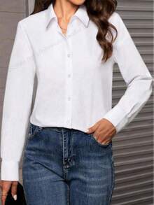Blusa de manga larga ajustada con cuello de botones blancos clásica, adecuada para el trabajo y la oficina en primavera - Blanco - Ver 4