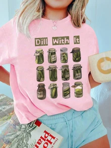 夏季休闲印花圆领短袖T恤，适合女孩和儿童 - 美味的罐装黄瓜和色彩缤纷的T恤，为每个孩子带来快乐！童装，女孩图案T恤，夏季上衣，青少年服装 - 粉色 - 查看 1