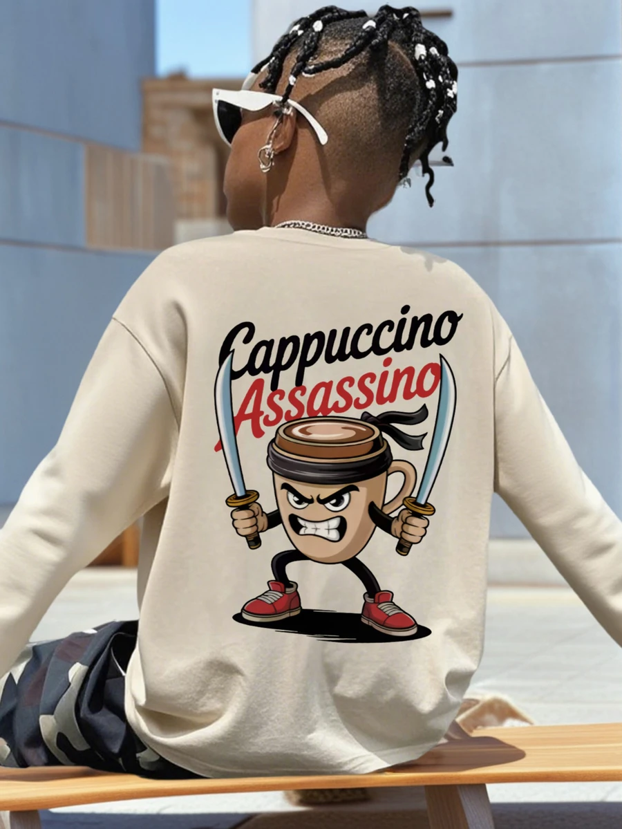1pc Boys' Casual Cool Graphic Print Crew Neck Long Sleeve T-Shirt, Loose Fit Student Streetwear Top, Autumn, Young Silhouette Design - Apricot - View 1