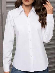 Blusa de manga larga ajustada con cuello de botones blancos clásica, adecuada para el trabajo y la oficina en primavera - Blanco - Ver 1