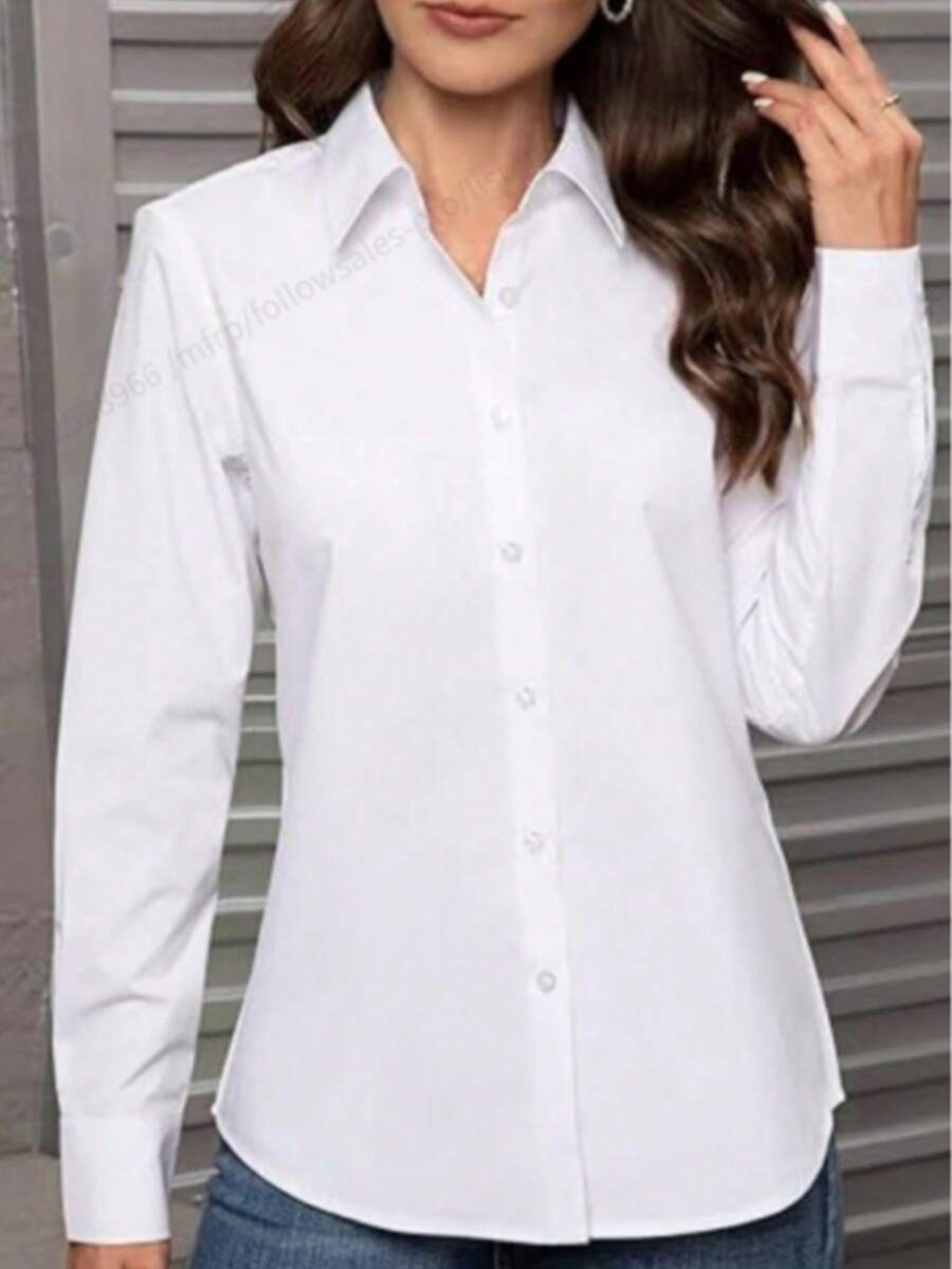 Blusa de manga larga ajustada con cuello de botones blancos clásica, adecuada para el trabajo y la oficina en primavera - Blanco - Ver 1