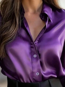 Women's Silky Purple Long Sleeve Button-Up Shirt, Classic Collar, Lightweight For Office Wear, Spring/Summer - Violet Purple - View 3