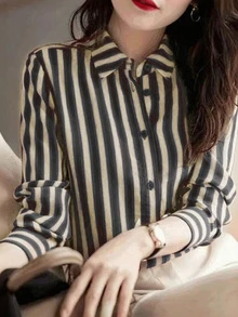 Áo sơ mi dài tay kẻ sọc thường ngày dành cho nữ có cổ và nút cài, dáng ôm vừa vặn cho mùa xuân và mùa thu - Áo thời trang nữ trưởng thành | Áo cánh họa tiết sọc | Áo sơ mi cài nút dễ thương - màu đen - Xem 2