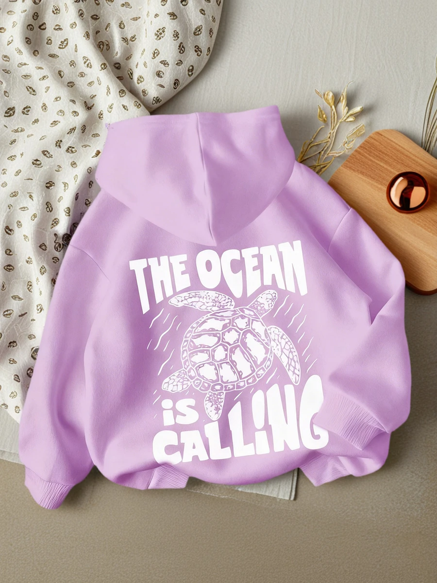 Áo nỉ dài tay in họa tiết phong cách thường ngày cho bé gái tuổi teen, chất liệu dày dặn, kiểu dáng rùa biển ngộ nghĩnh, có mũ trùm đầu, thích hợp mặc hàng ngày, mùa thu/đông. - Màu tím - Xem 1