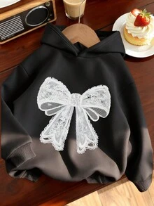 1pc Tween Girl Thermal Lined Warm Butterfly Print Sweatshirt, Young Student Clothing, Suitable For Kids Autumn/Winter Long Sleeve Top - Dark Grey - View 1