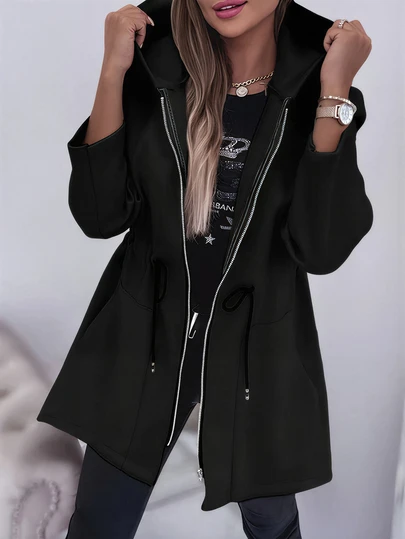 Chaqueta con capucha con cremallera casual y de moda para otoño e invierno. Negro