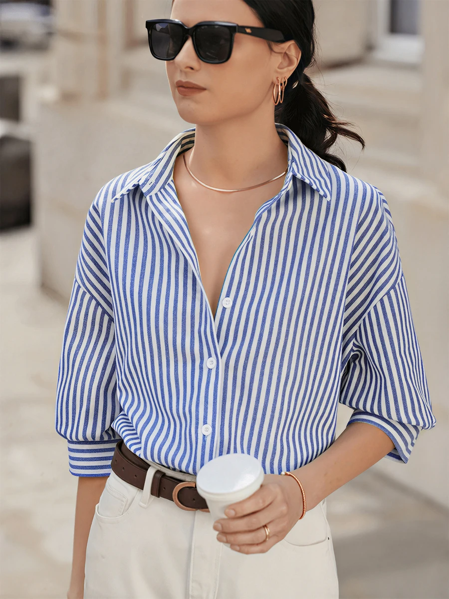 Blue And White Striped Pattern Short Sleeve Polo Collar Loose Fit Blue And White Colour Women's Shirt Casual Commuting Style Daily Travel/Office Spring/Summer Various Festivals Vacation - Multicolor - View 1
