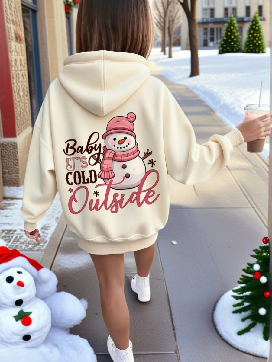 一件圣诞雪人印花休闲套头卫衣，适合青少年女孩，宽松版型，保暖内衬，长袖，秋冬季穿着。 - 杏色 - 查看 1