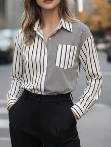 ​Women's Striped Asymmetric Lapel Long Sleeve Shirt With Contrast Buttons & Pocket - Casual All Occasion Year-Round Top​,Fall Clothes For Women - Multicolor - View 10