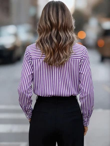 Blusa de mujer de manga larga con cuello puntiagudo y bolsillos con botones, a rayas, de estilo casual básico, adecuada para uso diario en la oficina, otoño/invierno/primavera - Púrpura CS046-1 - Ver 2