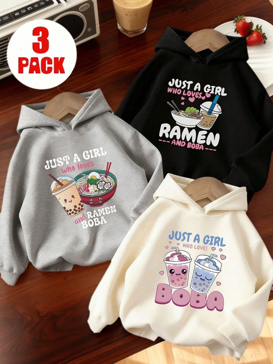 3件套少女保暖连体衣,印有珍珠奶茶和拉面图案,可爱舒适,适合秋冬季穿着。 - 彩色 - 查看 1