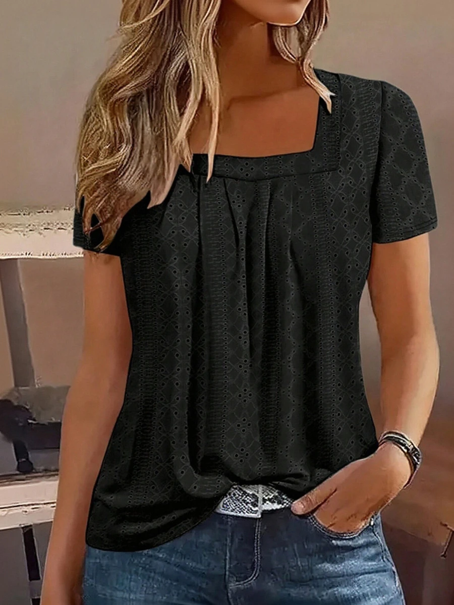 Square Neck Embroidered T-Shirt, Casual Short Sleeve Pleated Blouse, Spring Summer Women Clothing - Black - View 1