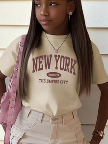 1 件女童休闲印花圆领短袖 T 恤，彩色时尚图案 T 恤，适合学生，夏季 - 杏色 - 查看 1