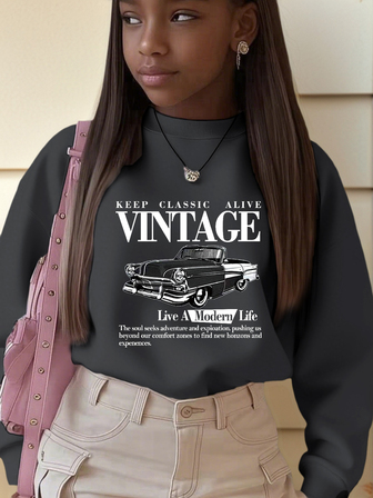 1 件 Tween Girl 休闲复古汽车印花套头圆领运动衫，保暖长袖，适合秋冬季学生时尚穿着者