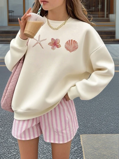 1 件女童休闲印花套头圆领运动衫，秋冬季温暖长袖学生青年服装 - 穿上我们舒适时尚的儿童圆领运动衫探索世界