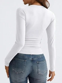 2025 Spring Fashion Women V-Neck Long Sleeve Basic Cropped Layering Y2K Style Top - White - View 2