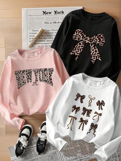 3 件套女童休闲印花圆领长袖 T 恤，秋季学生小童上衣 - 引人注目的 T 恤一定会让孩子们露出笑容