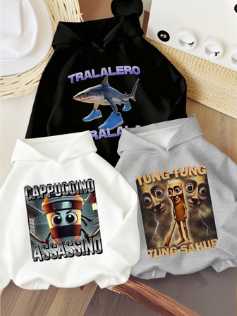 3pcs/Set Boys' Casual Hoodie With Shanhaijing Character Prints, Warm Thermal Lined Pullover Sweatshirt For Young Students, Autumn/Winter