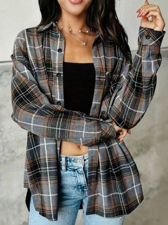 Women's Elegant Versatile Commuter Casual Plaid Shirt - Long Sleeve, Skin-Friendly Soft Comfortable Fabric, Front Button, Loose Fit Top With Pockets, Fashionable Look, Suitable For Casual Wear Or Going Out At Night, Women's Blouse Top For Spring/Summer/Autumn/Winter