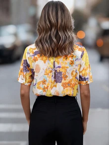 女款花卉印花寬鬆短袖襯衫 – 有領鈕扣前開上衣，適合春夏季、辦公室日常度假穿搭，夏季上衣 - 黃色 - 查看 11