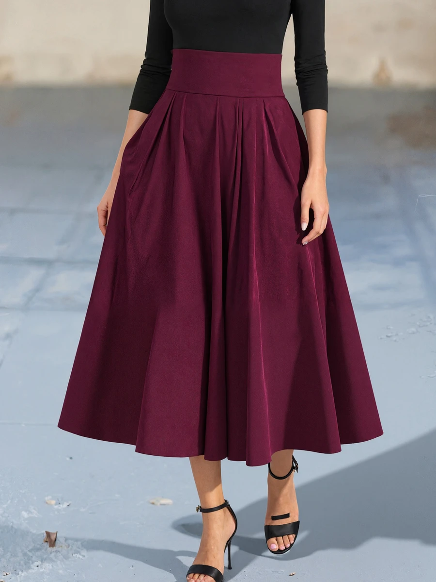 欧美时尚秋装女装优雅腰部精致时尚风百褶裙Y2K服饰女装街头潮流独立站爆款女装返校通勤蝴蝶结收腰修身休闲摆裙 - 酒紅色 - 查看 1