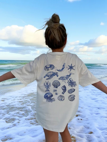 Summer Casual Printed Crew Neck Short Sleeve T-Shirt, Suitable For Girls And Children - Featuring Ocean Themes Such As Jellyfish, Seashells, Starfish, Turtles, To Inspire Imagination And Self-Expression! Children's Clothing, Girls' Graphic Tee, Summer Top, Teen Fashion